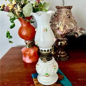 Vintage Miniature Hobnail Milk Glass Oil Lamp With Applied Pink Roses Scalloped